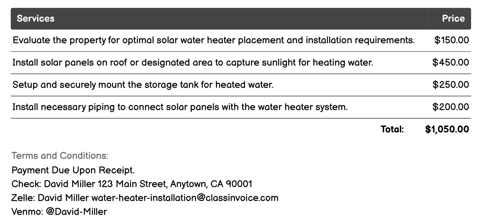 Solar Water Heater Installation Invoice Example