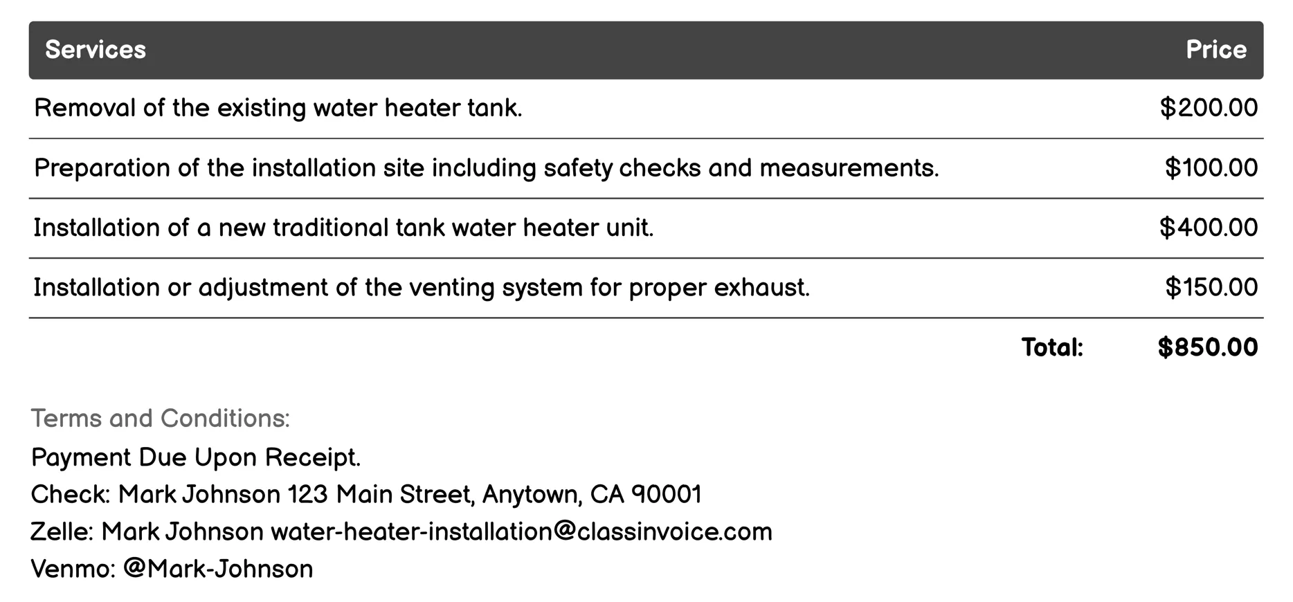 Traditional Tank Water Heater Installation Invoice Example