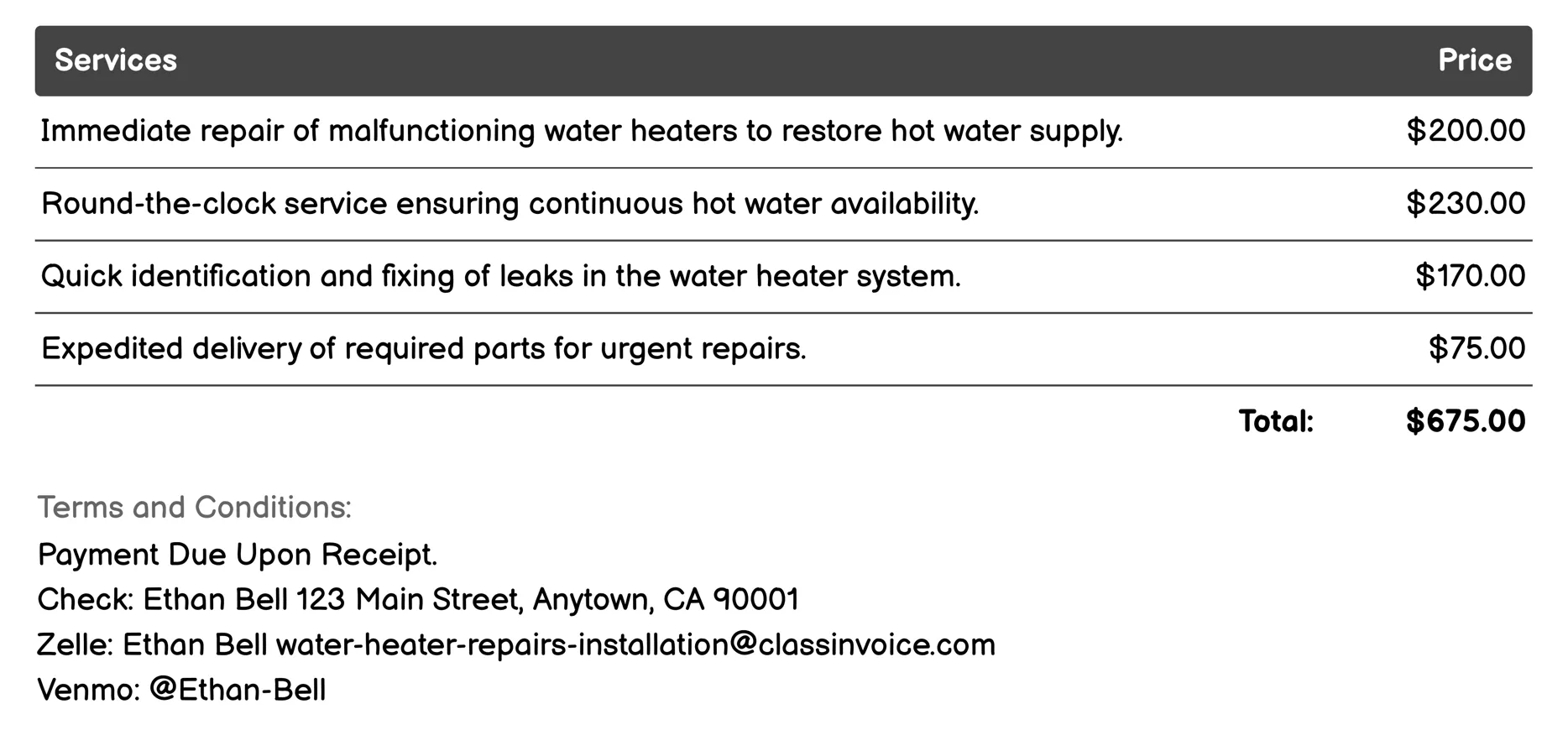 Emergency Services Invoice Example