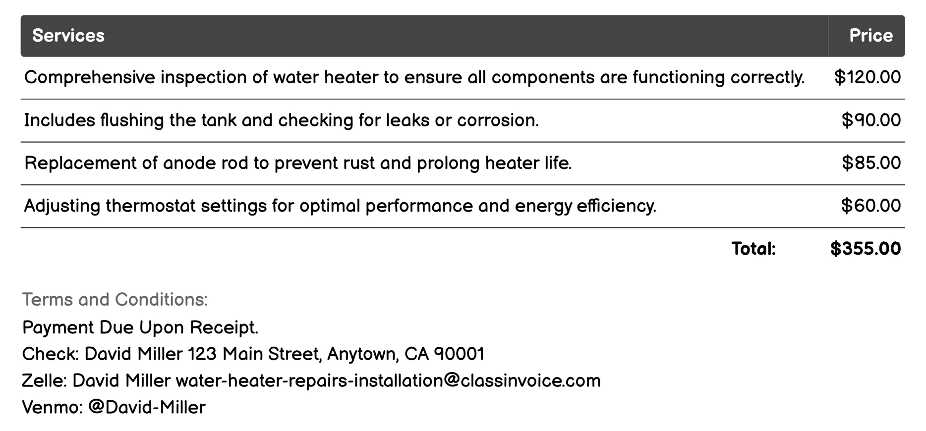 Maintenance Plans Invoice Example