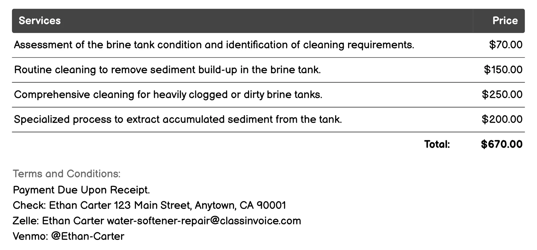 Brine Tank Cleaning Invoice Example