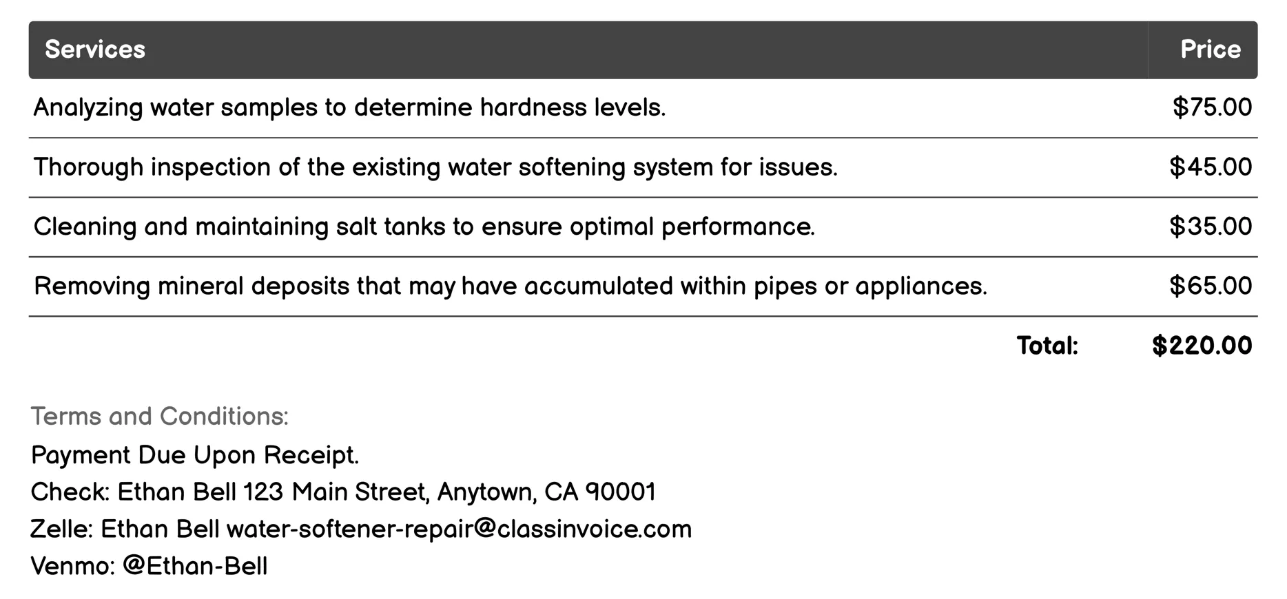 Hard Water Analysis Invoice Example