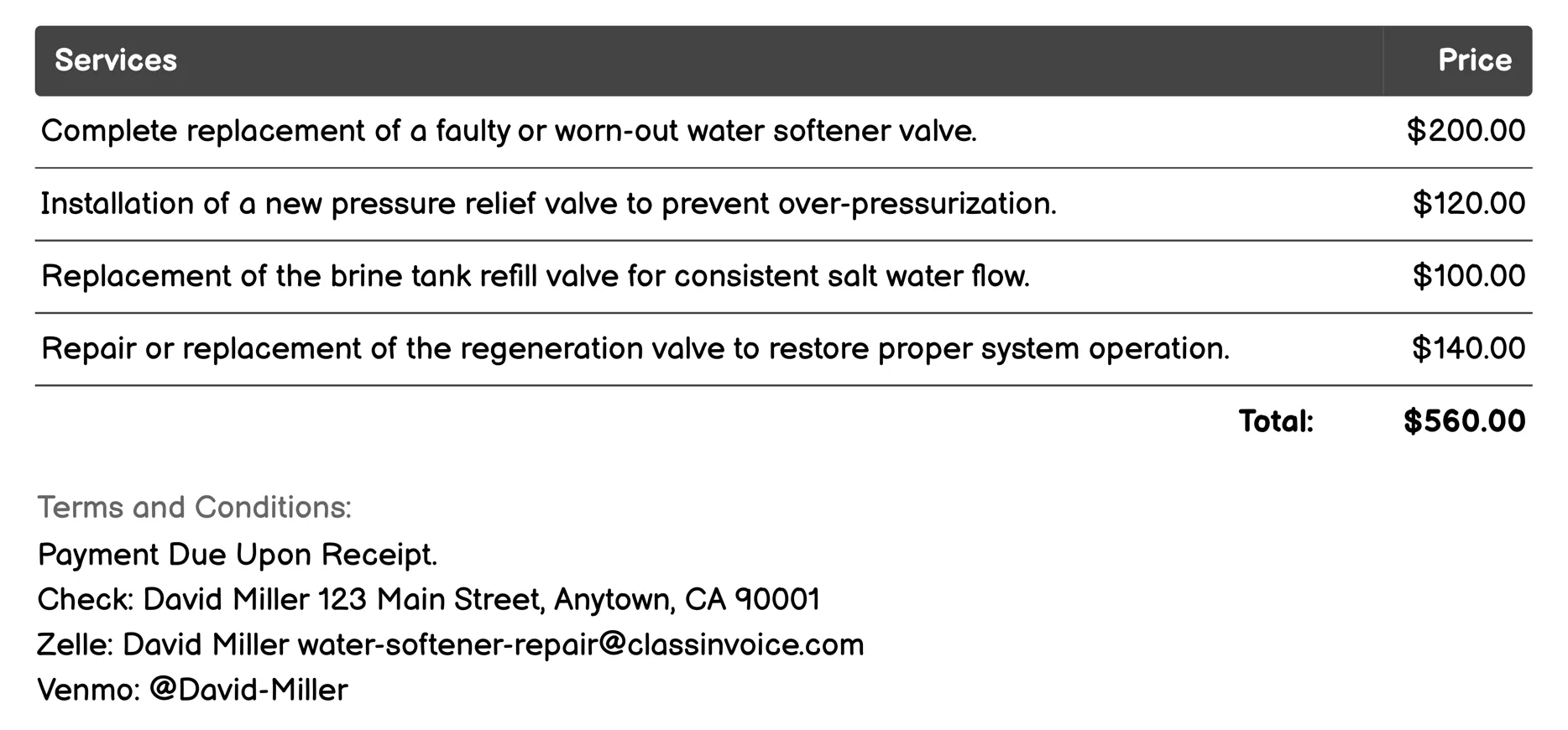 Valve Replacement Invoice Example