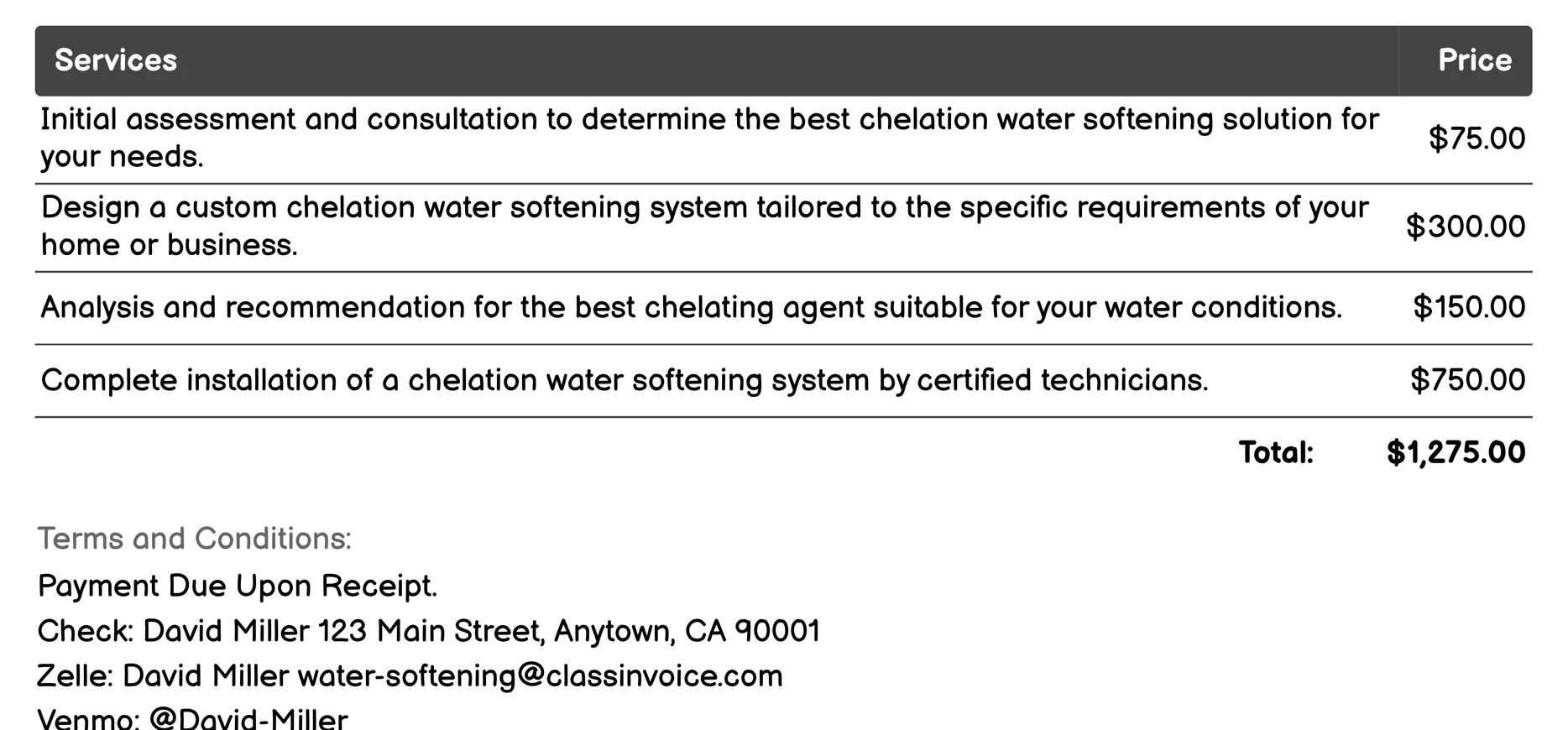 Chelation Water Softening Invoice Example
