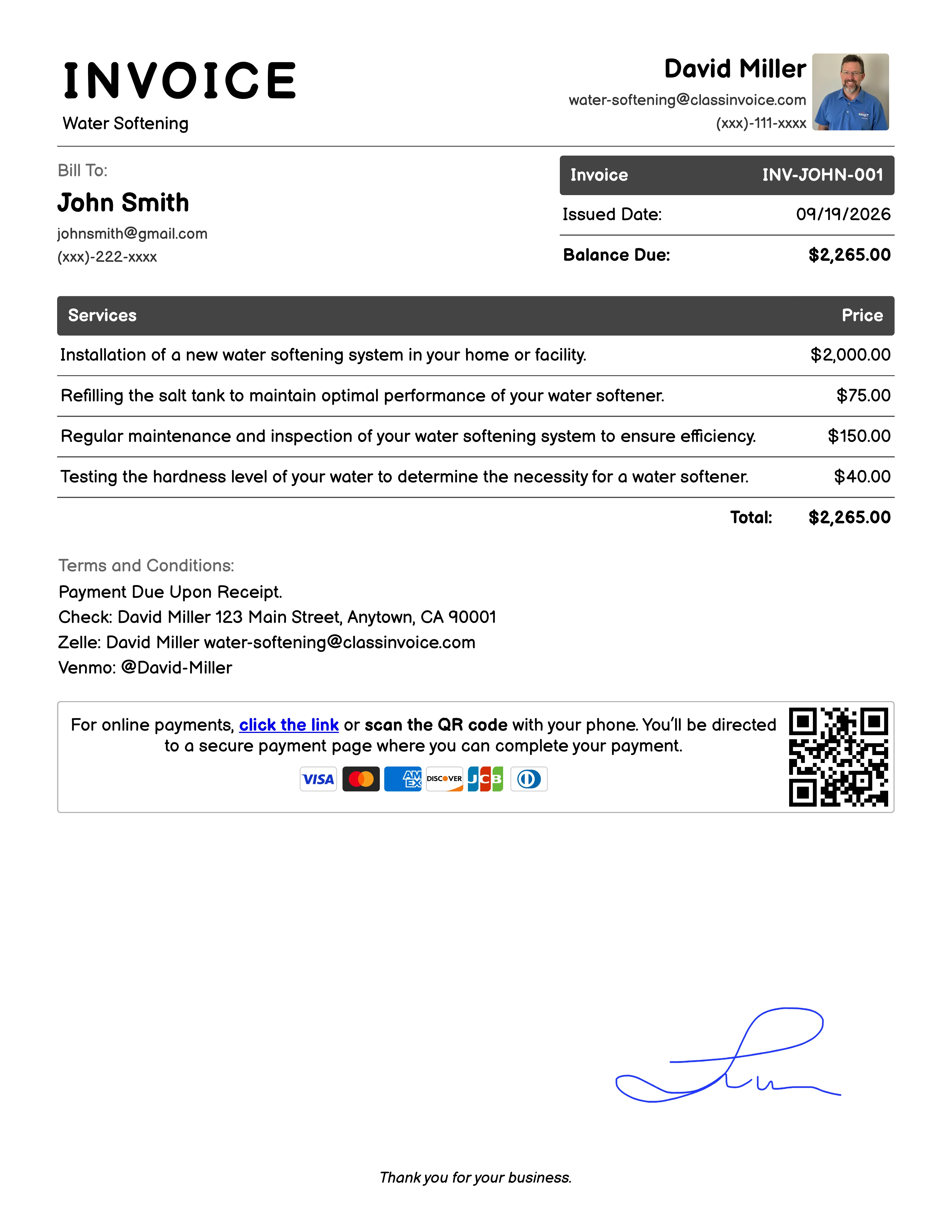 Water Softening Invoice Example