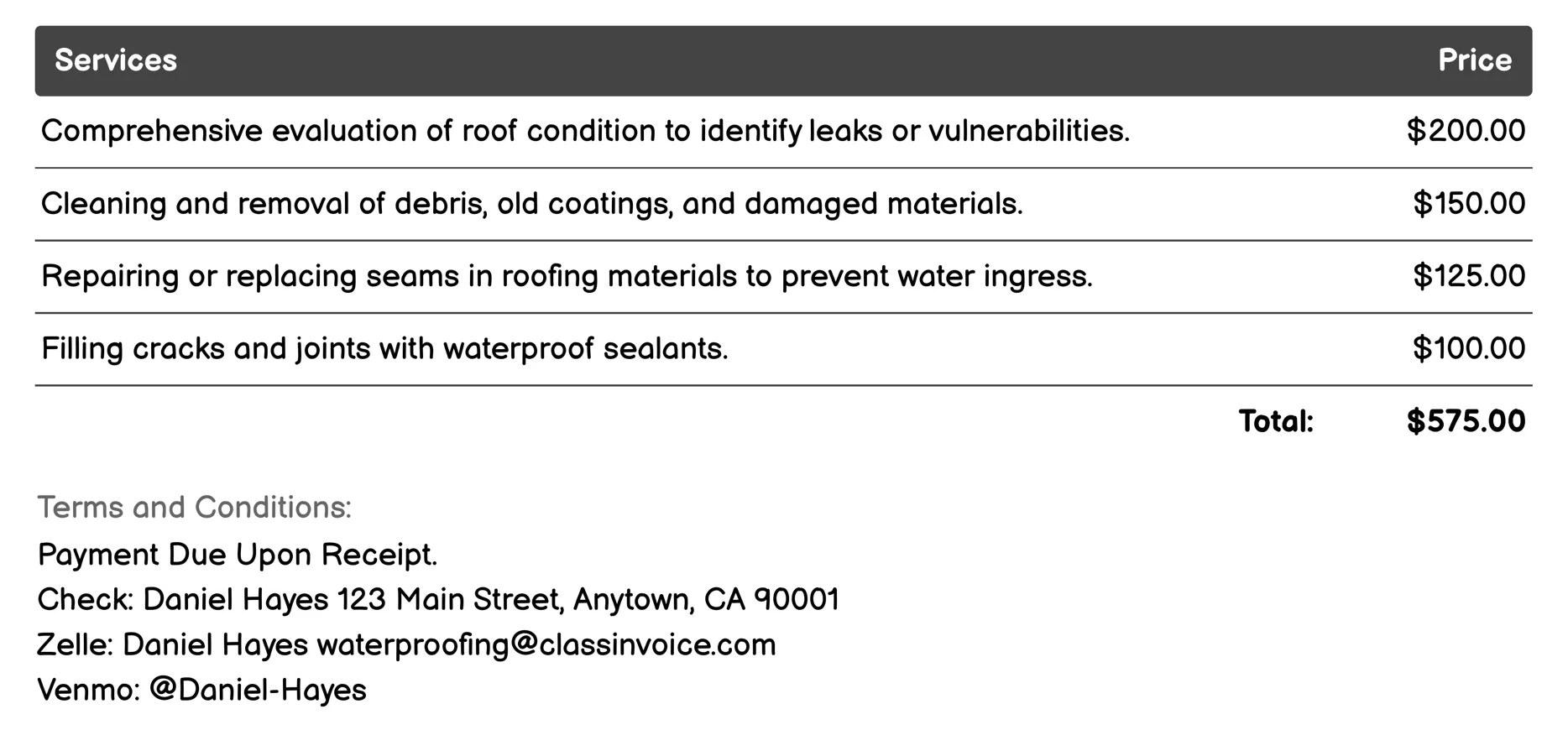 Roof Waterproofing Invoice Example