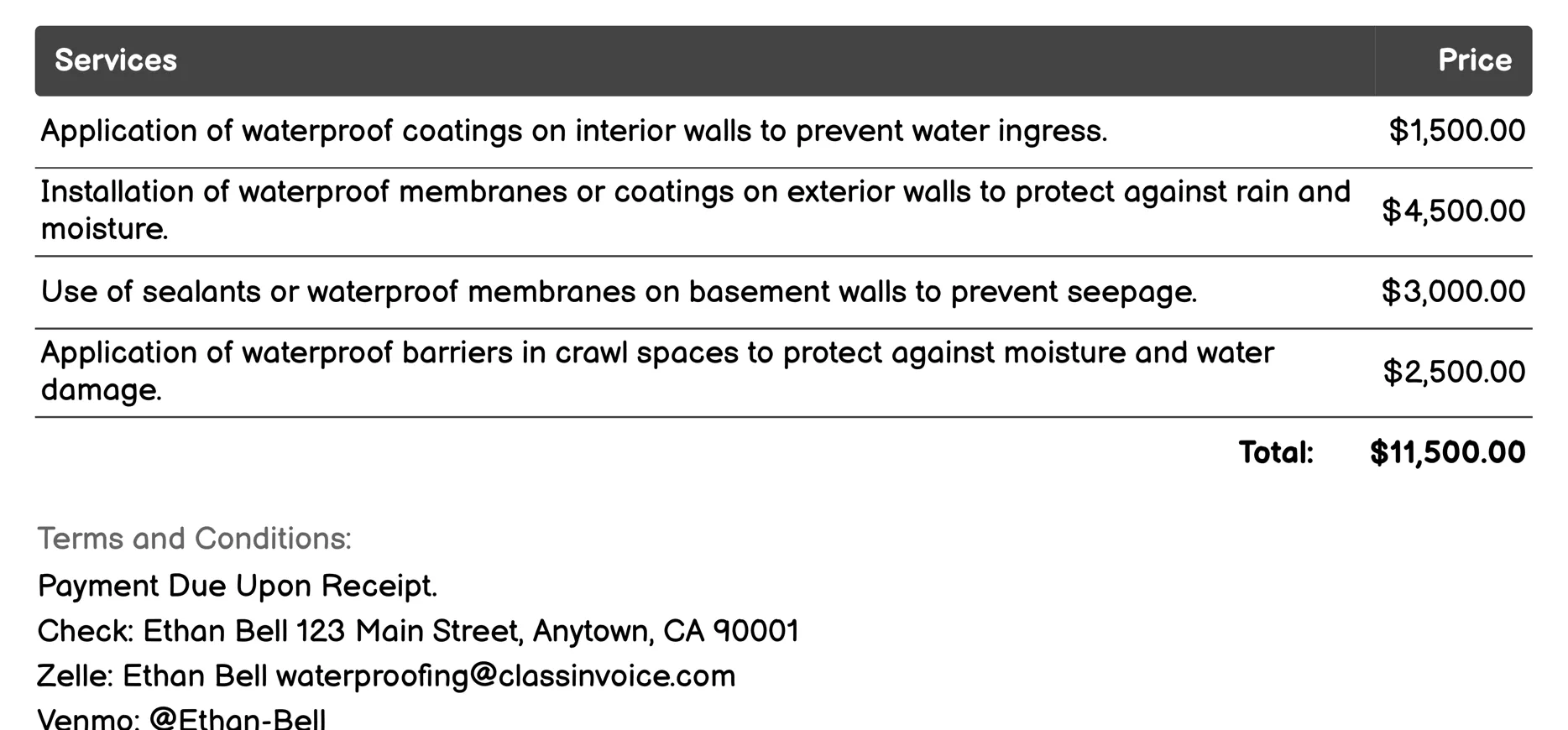 Wall Waterproofing Invoice Example
