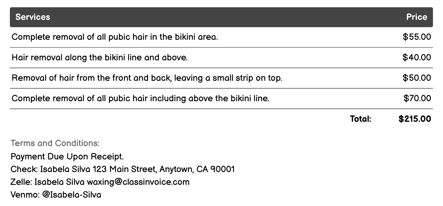 Brazilian Wax Invoice Example