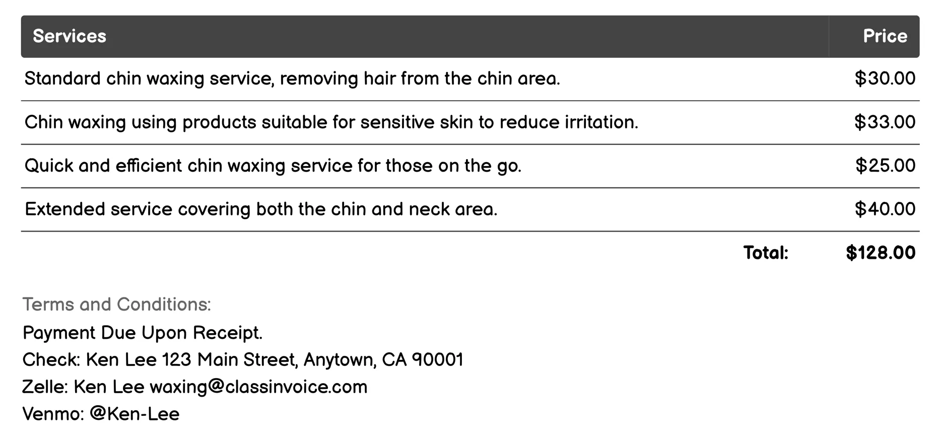 Chin Waxing Invoice Example