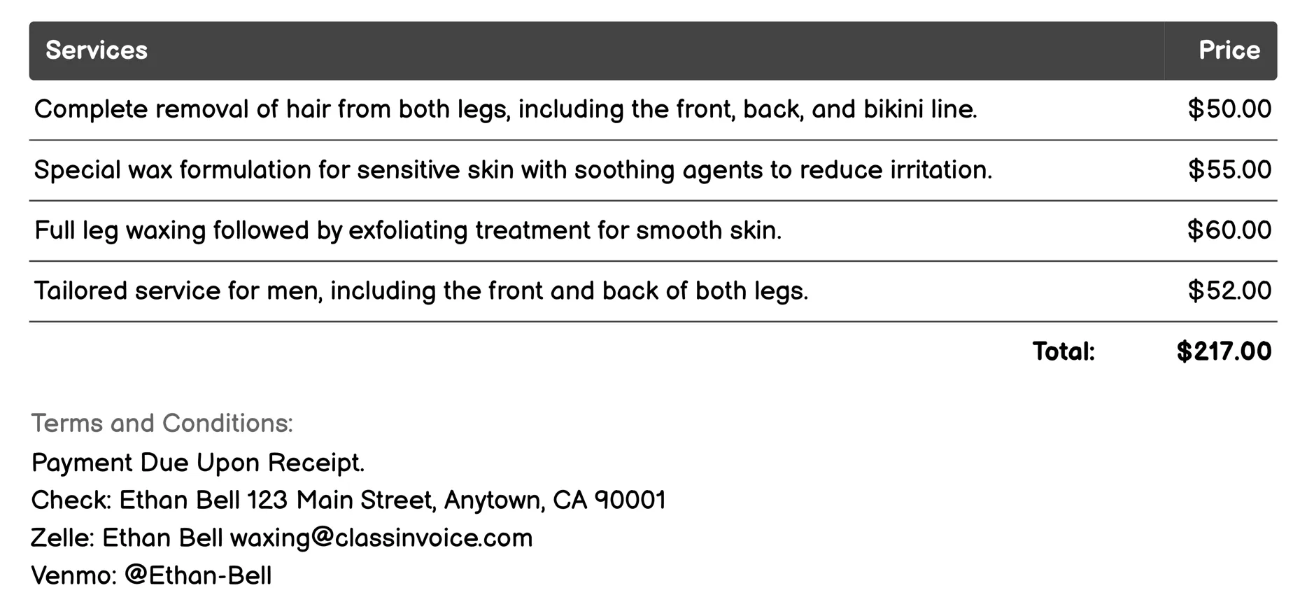 Full Leg Waxing Invoice Example