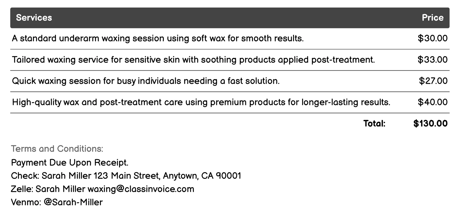 Underarm Waxing Invoice Example