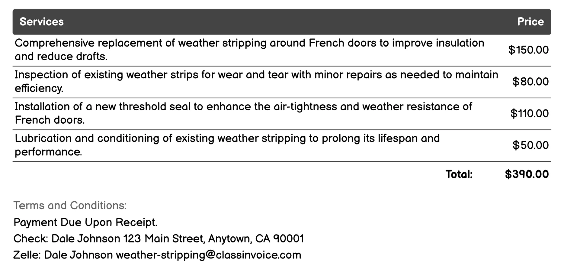 French Door Sealing Invoice Example