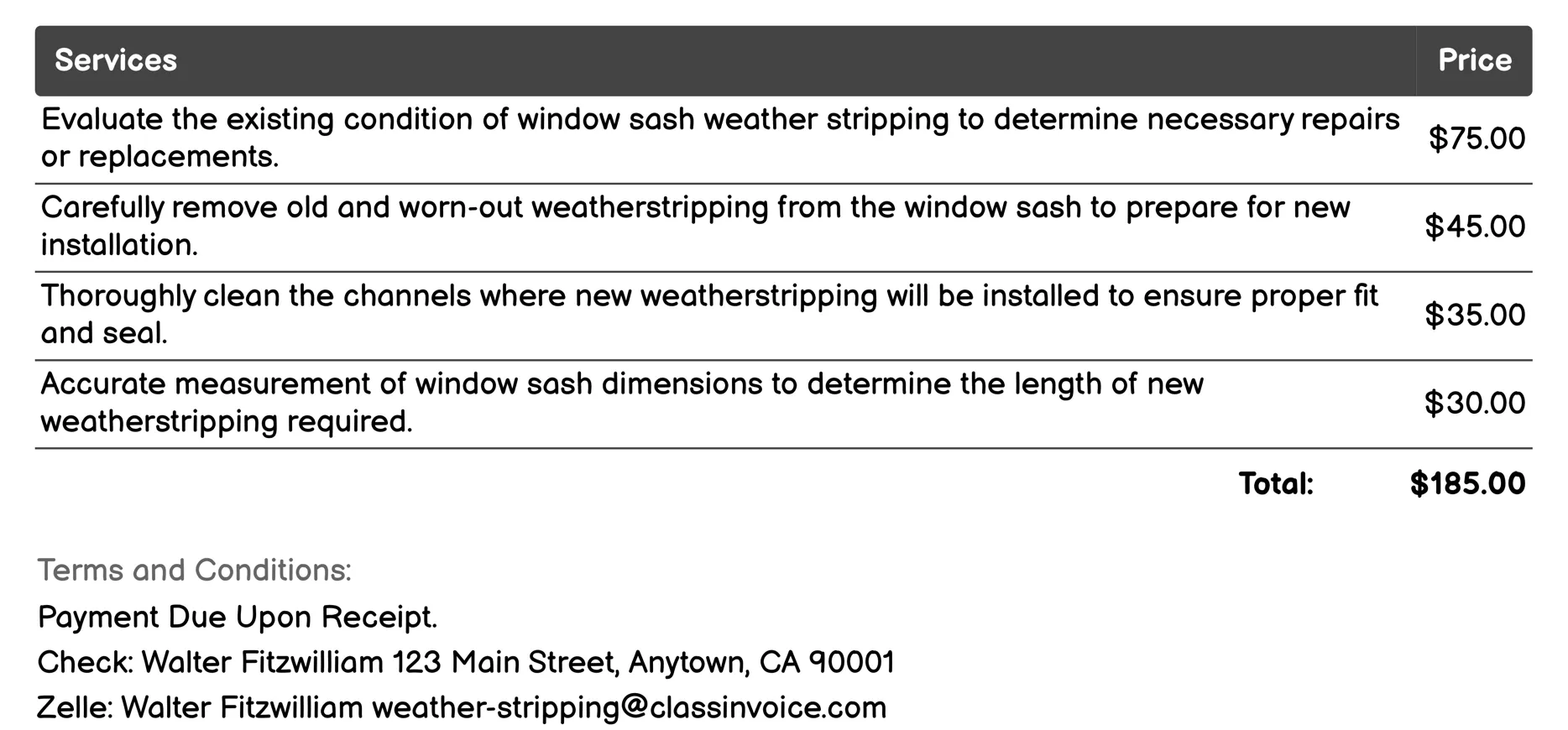 Window Sash Weatherstripping Invoice Example