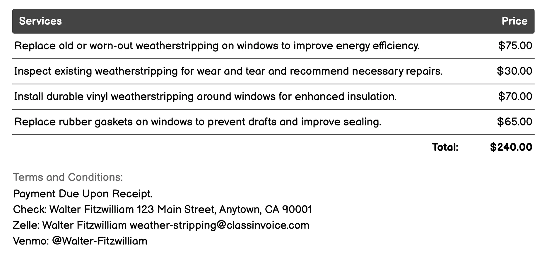 Window Weatherstripping Invoice Example