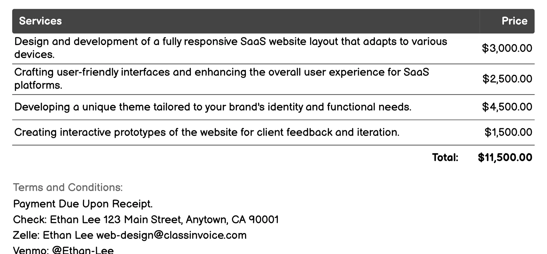 SaaS Website Design Invoice Example