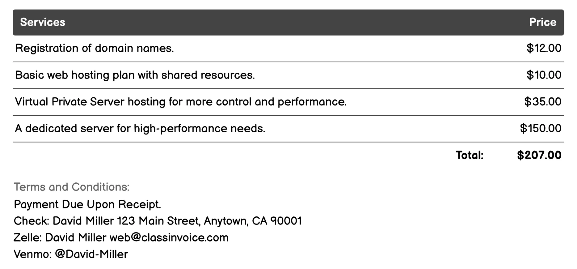 Web Hosting Invoice Example
