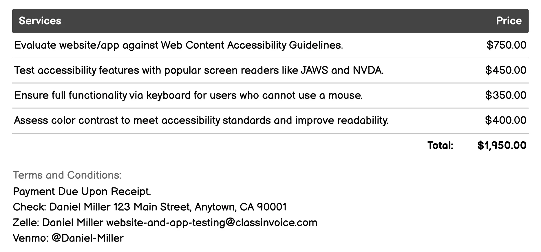 Accessibility Testing Invoice Example