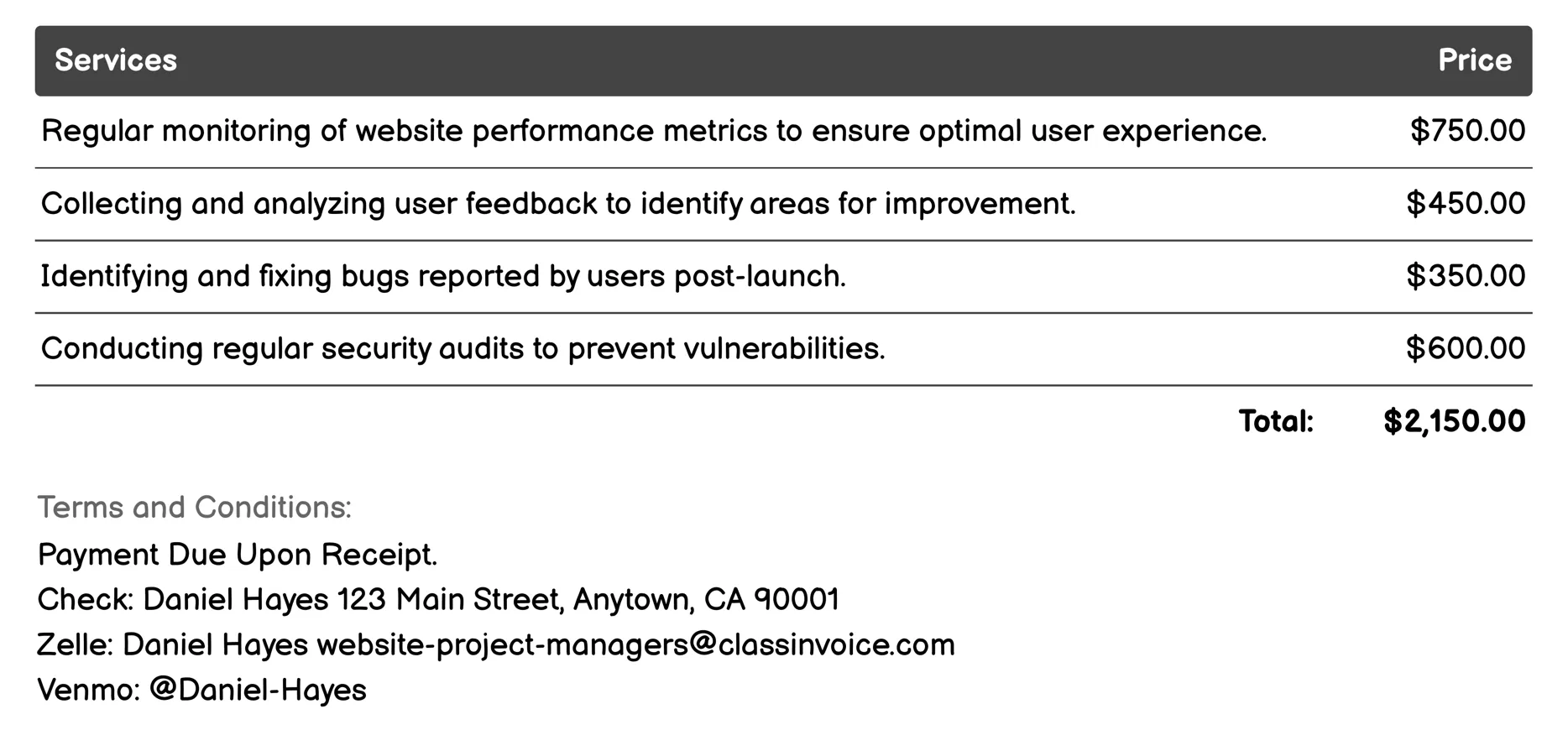 Post-Launch Support Invoice Example