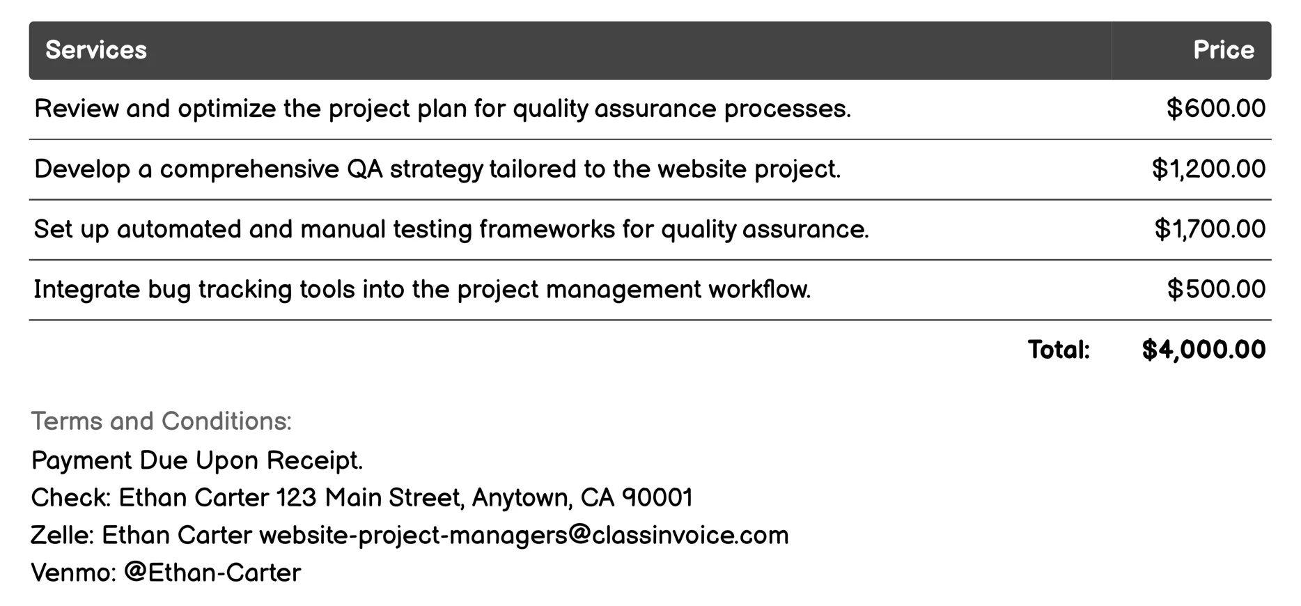 Quality Assurance Invoice Example