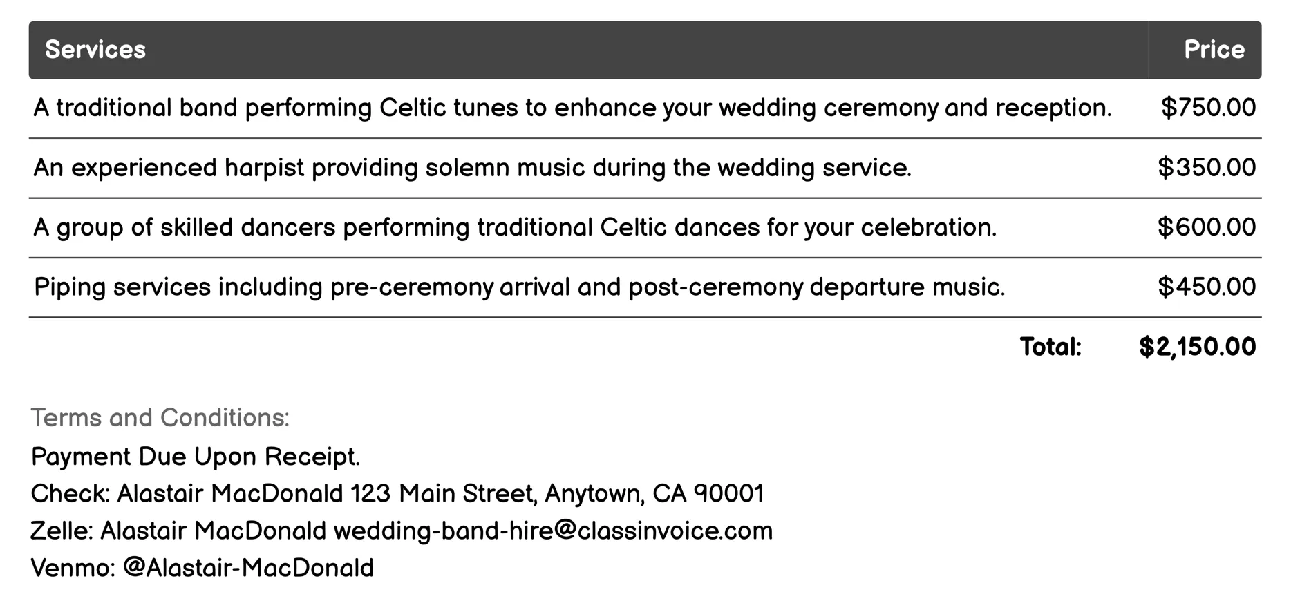 Celtic/Welsh Wedding Bands Invoice Example