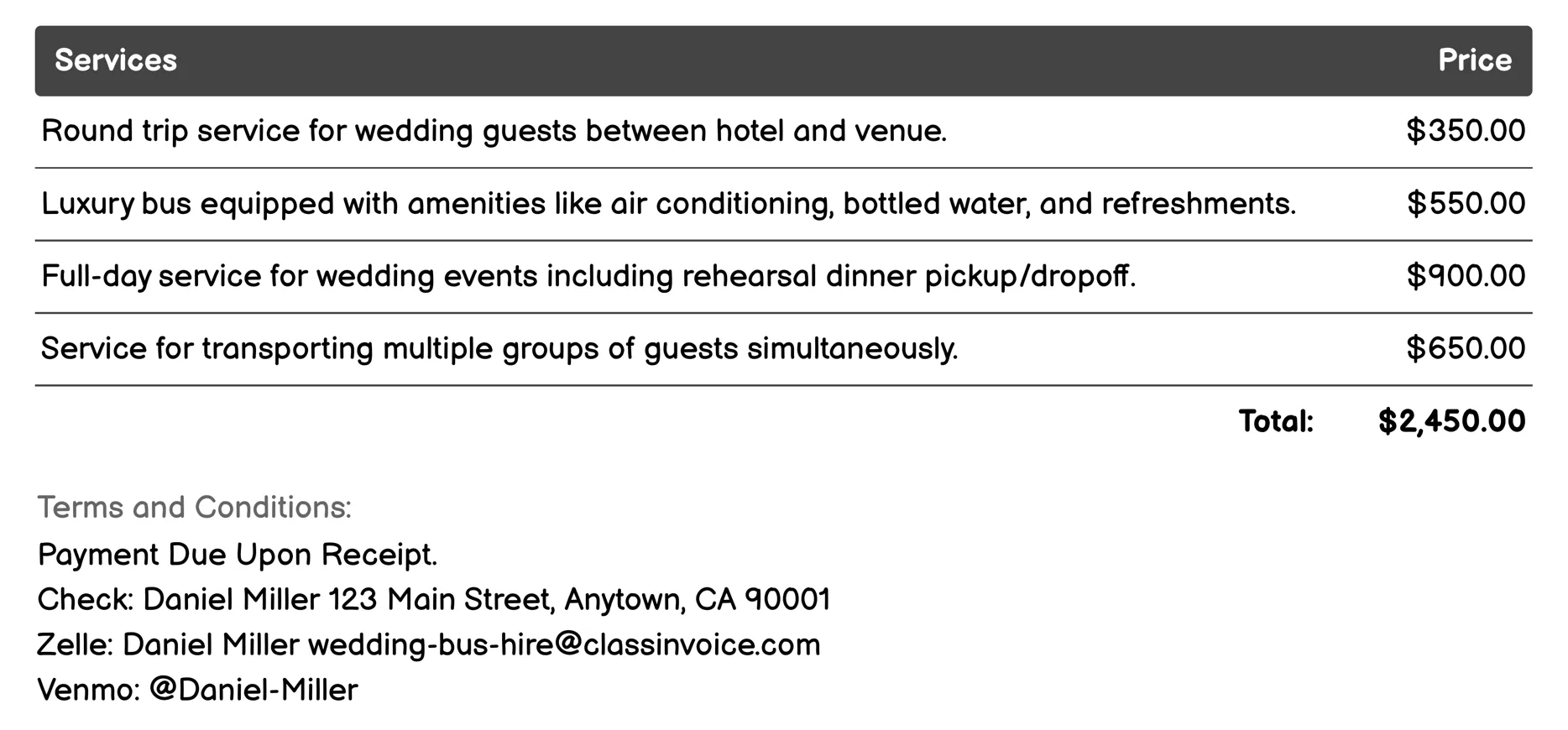 Family Shuttle Service Invoice Example