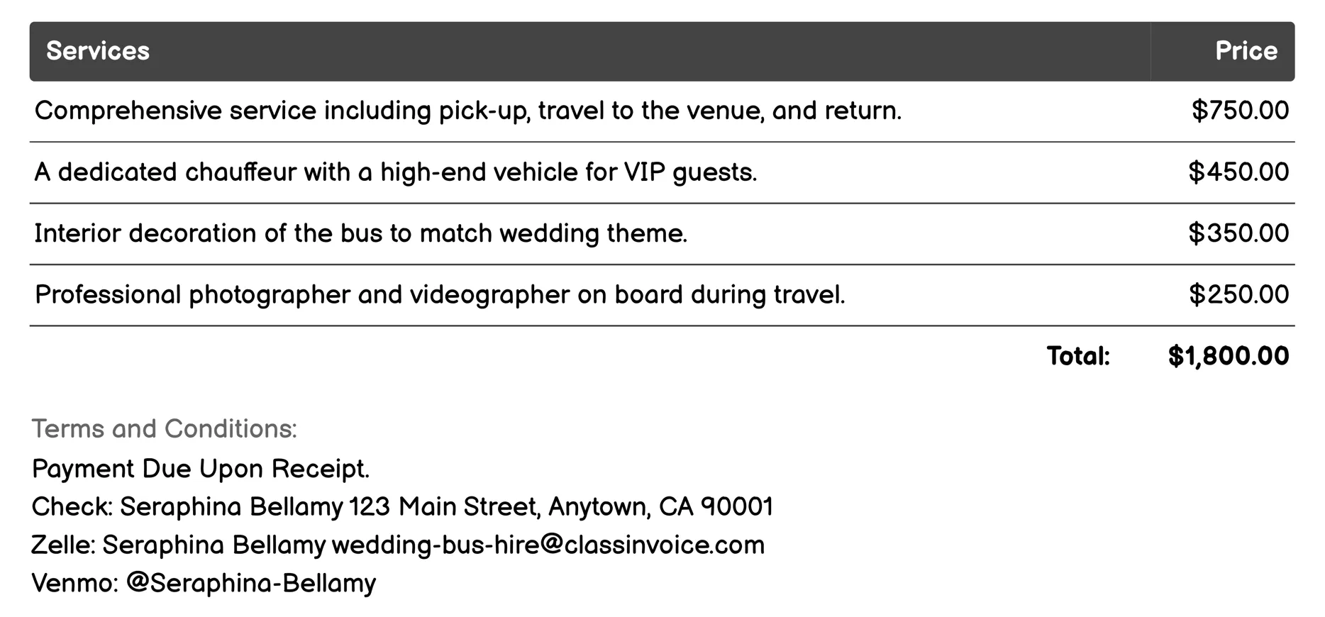 VIP Escort Invoice Example