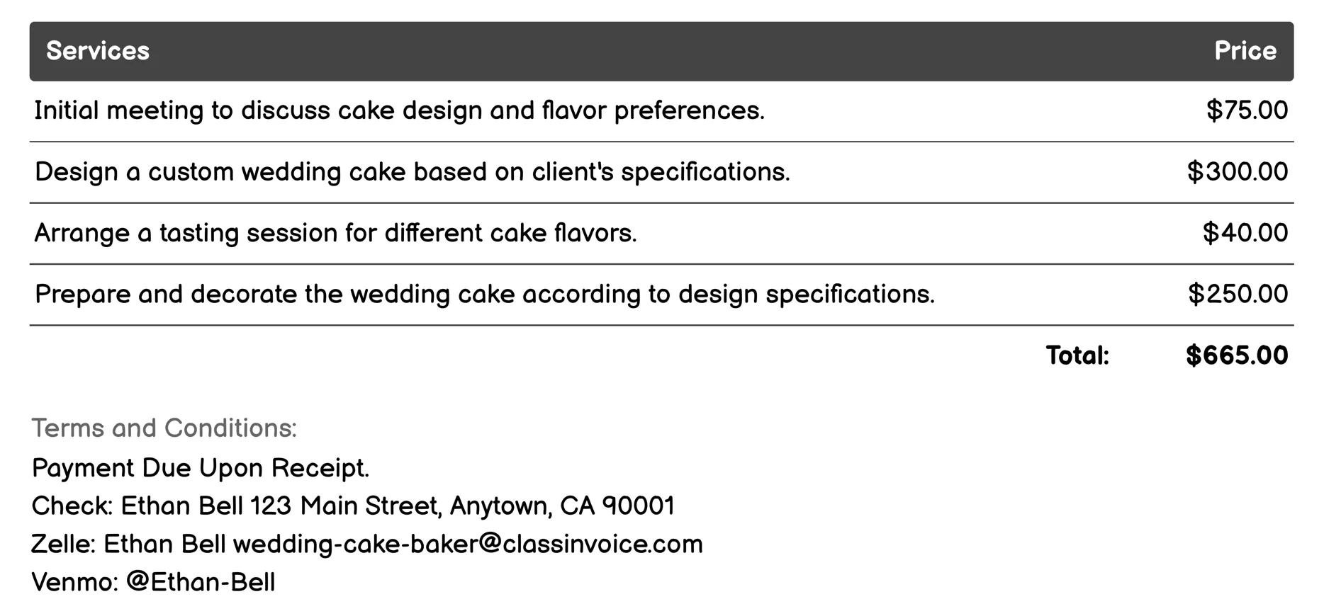 Wedding Cake Delivery Invoice Example