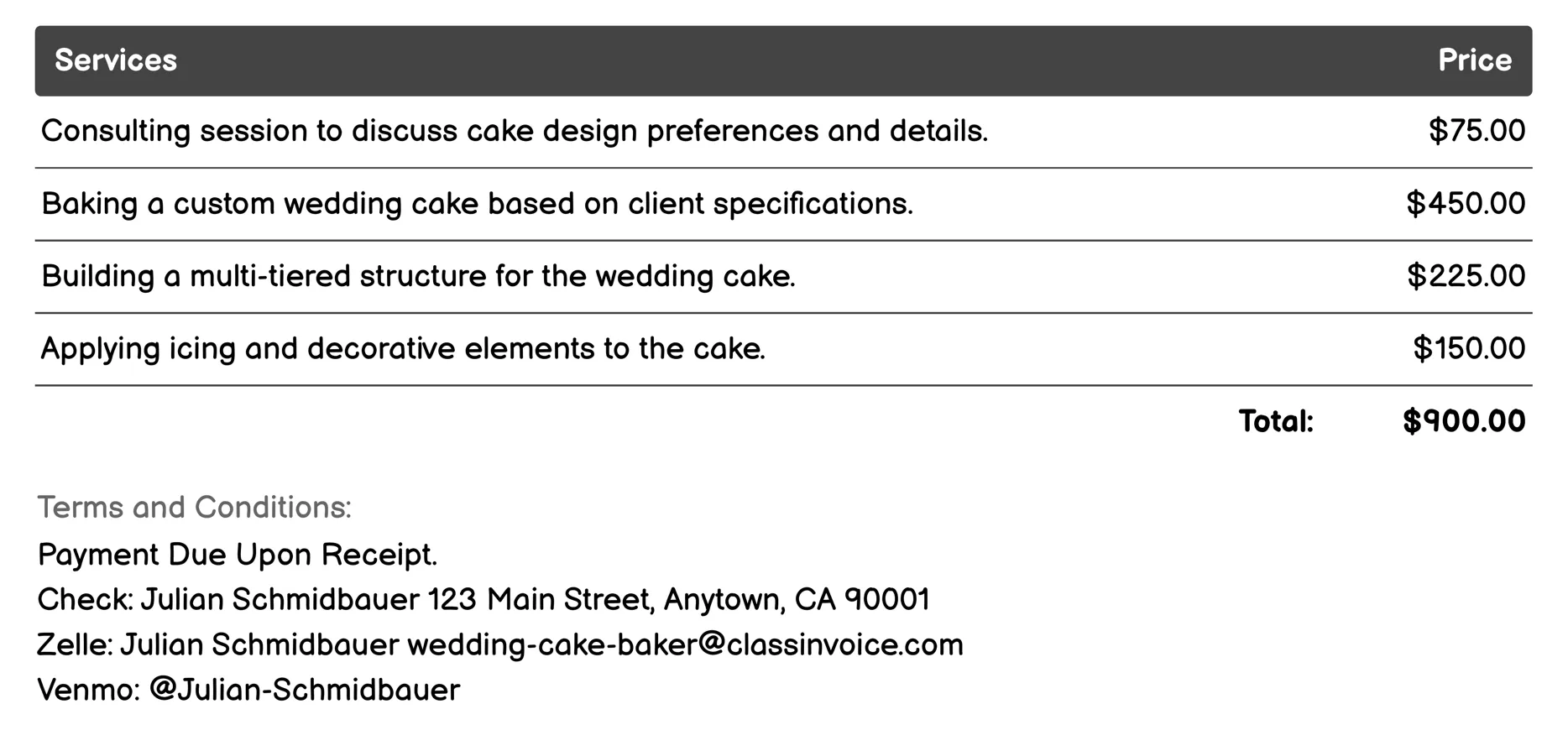 Wedding Cake Photography Invoice Example