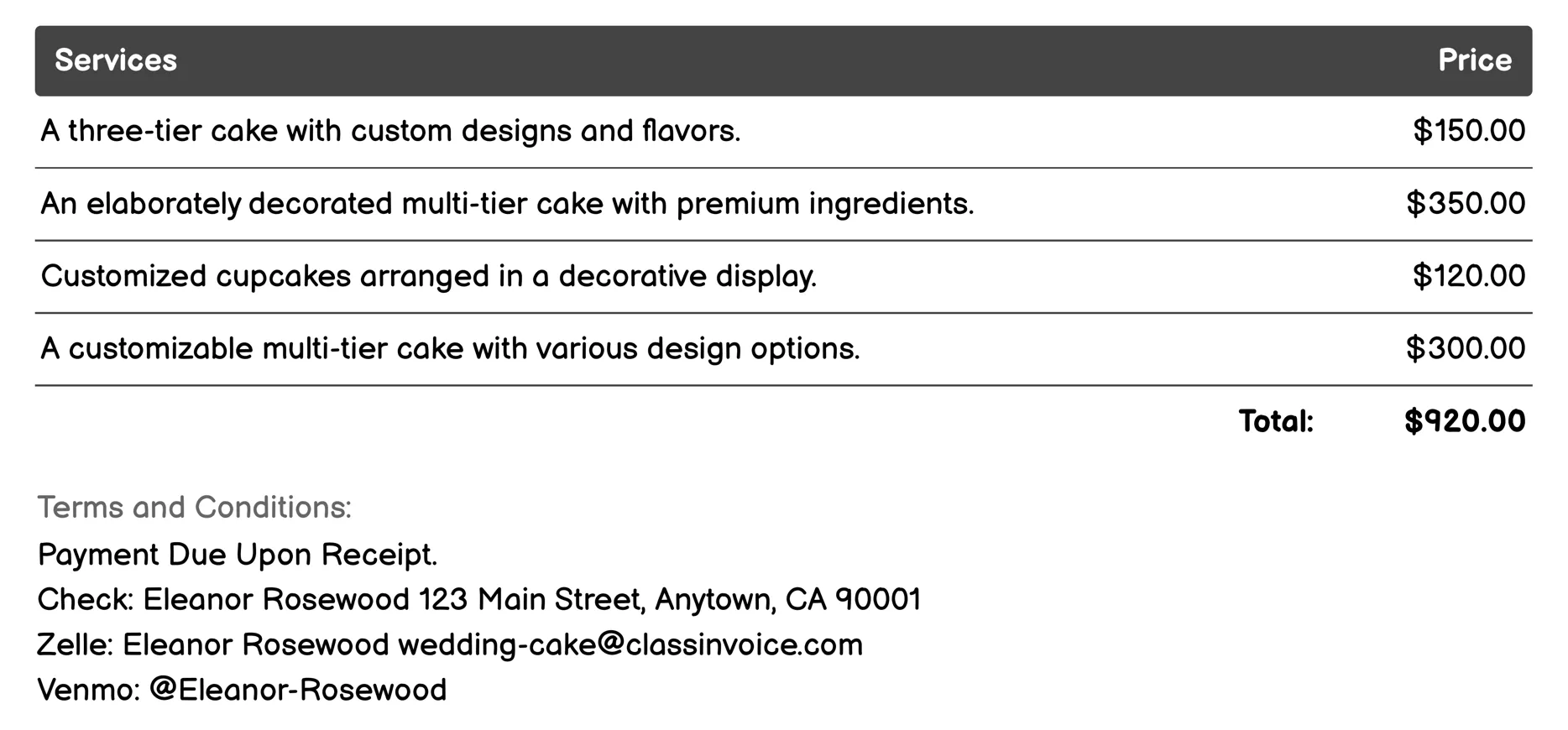 Custom Design Cakes Invoice Example