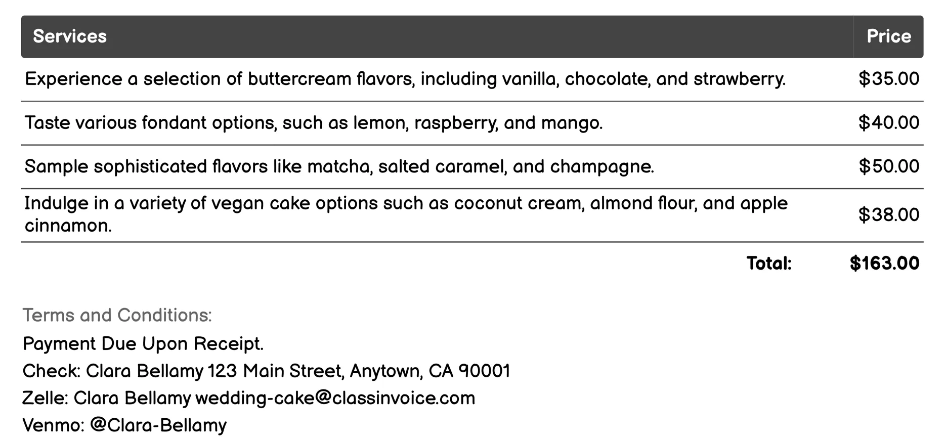 Tasting Sessions Invoice Example