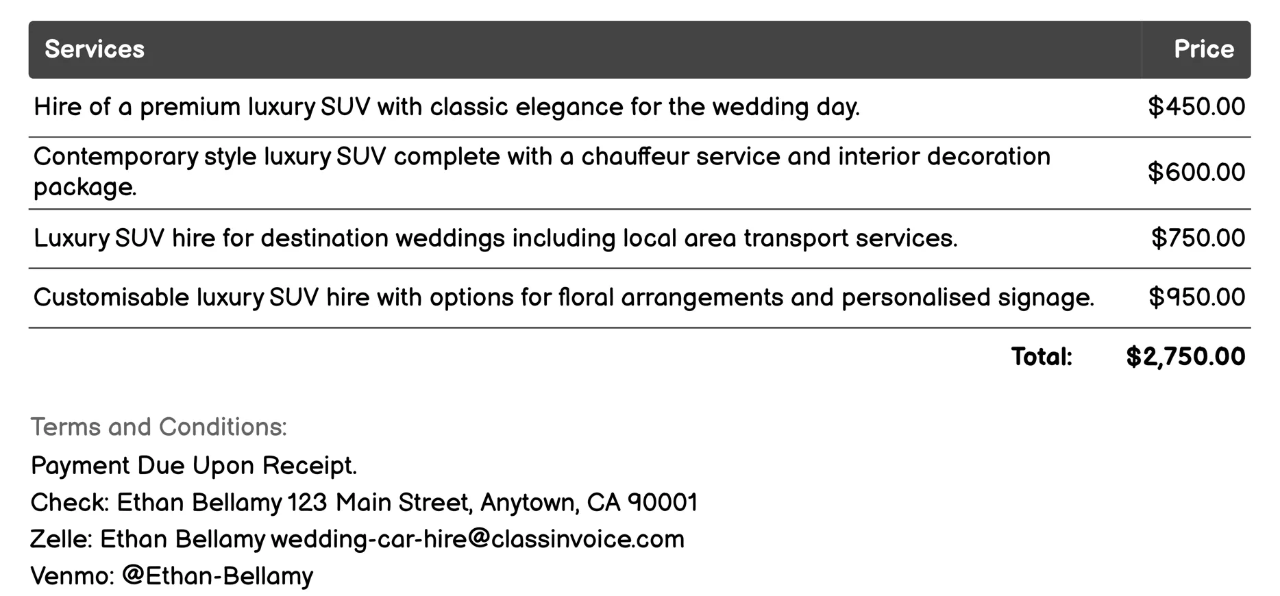 Luxury SUV Hire Invoice Example