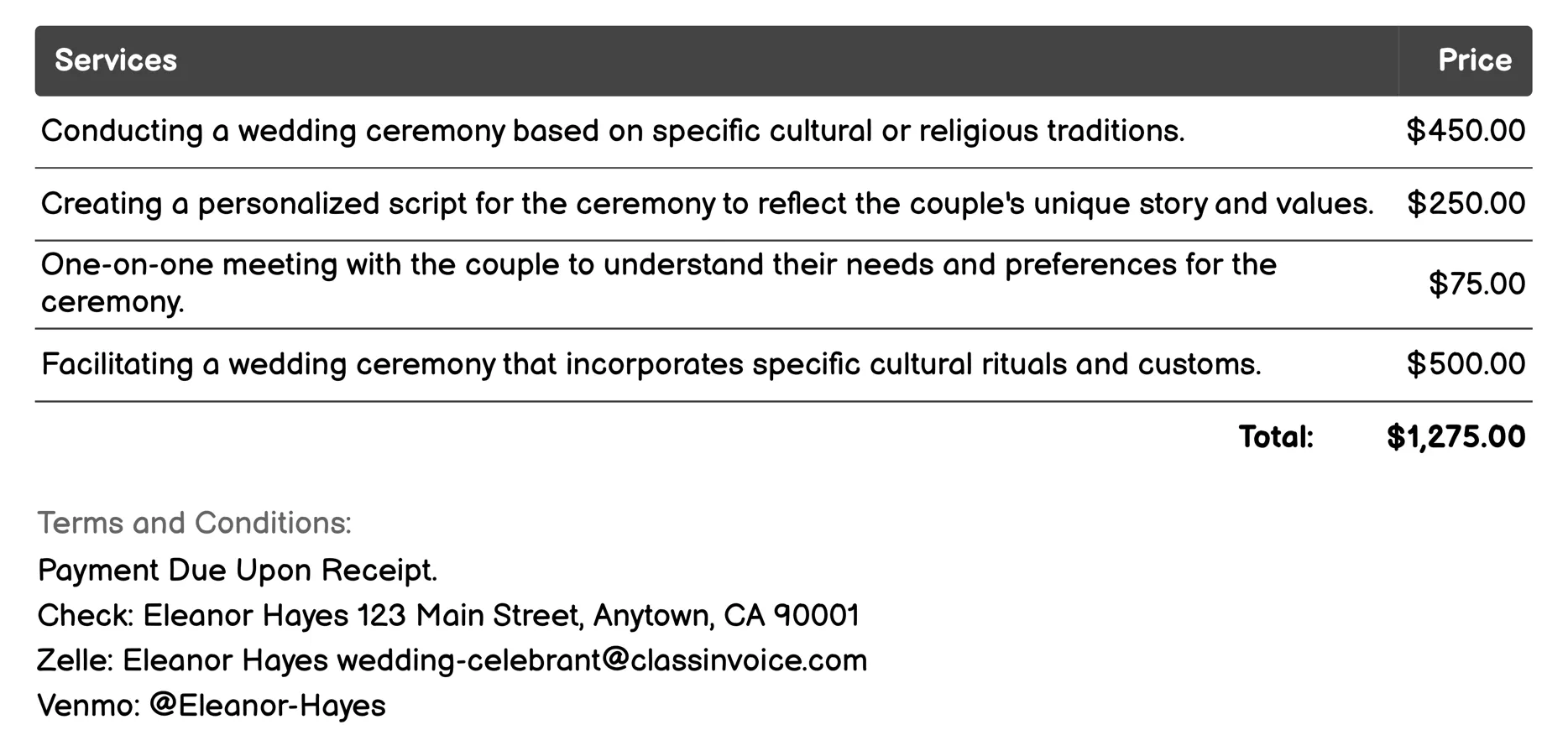 Cultural or Religious Ceremonies Invoice Example