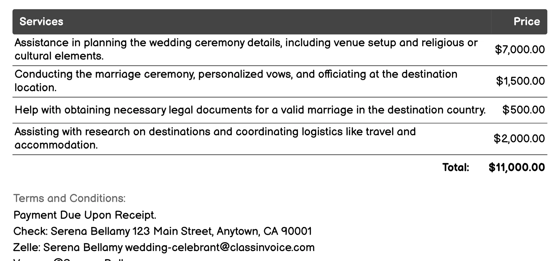 Destination Weddings Invoice Example