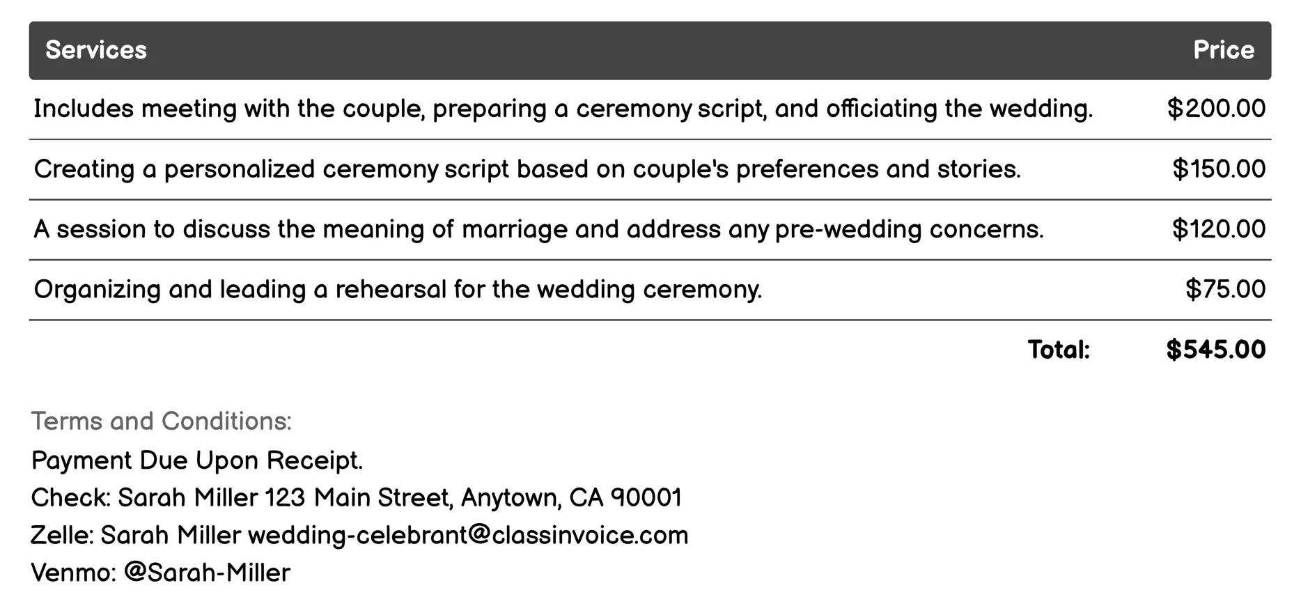 Officiating Services Invoice Example