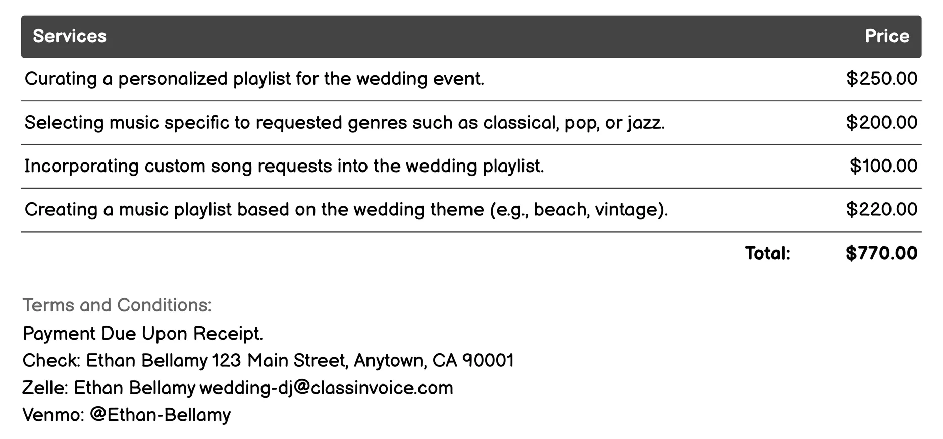 Music Curation Invoice Example