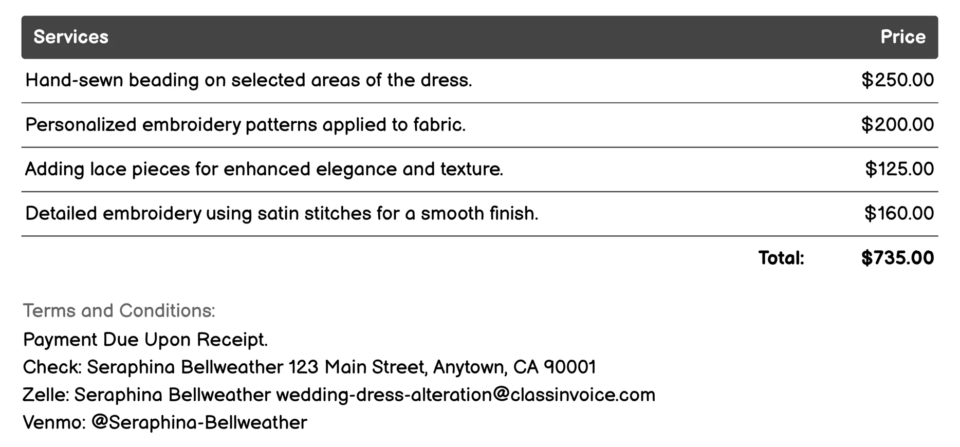 Custom Embellishments Invoice Example