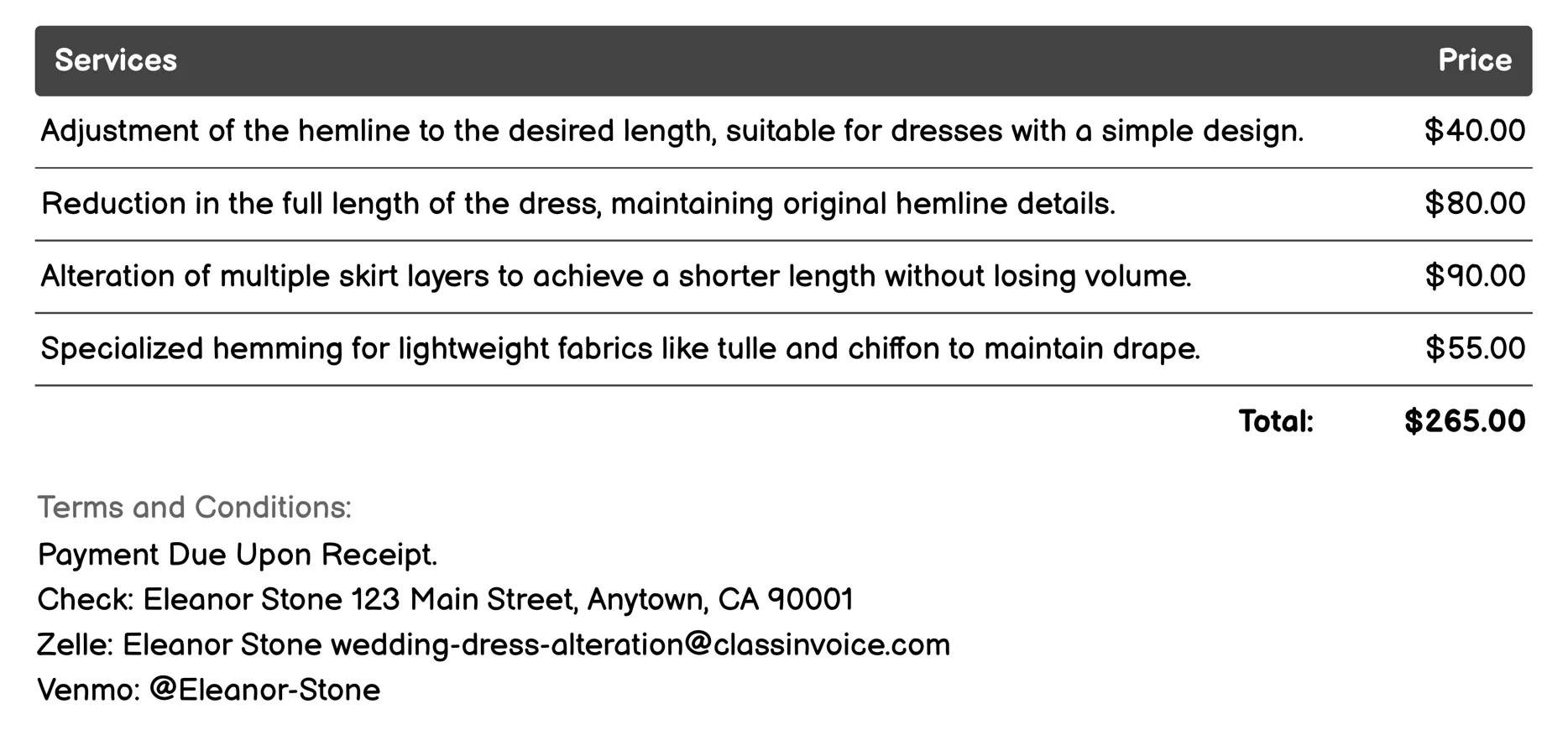 Hemming and Shortening Invoice Example