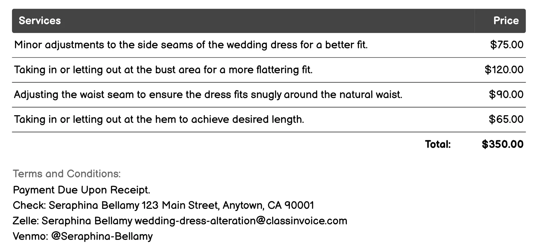 Seam Taking in/Out Invoice Example