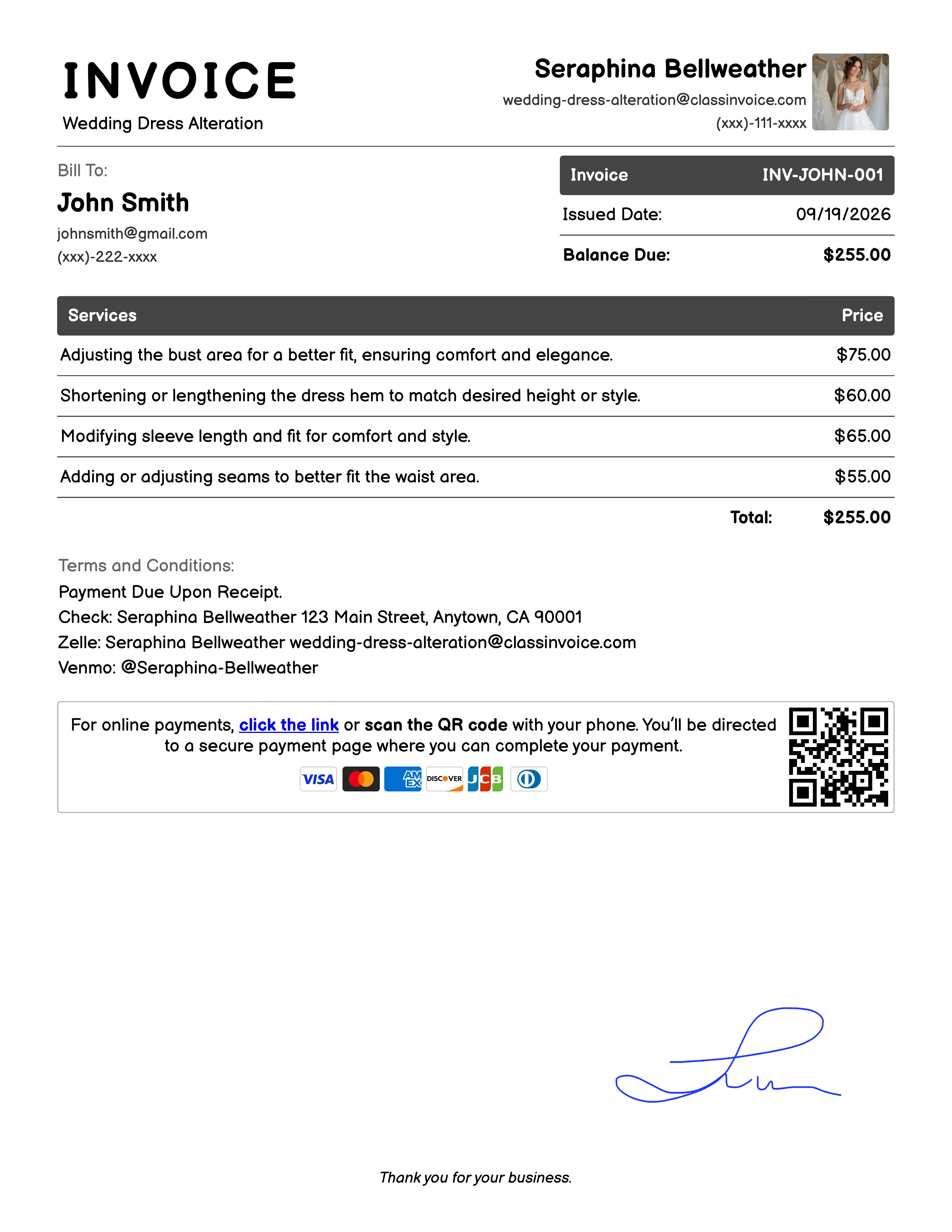 Wedding Dress Alteration Invoice Example