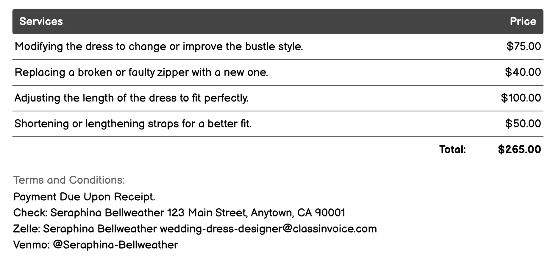 Alterations and Fittings Invoice Example