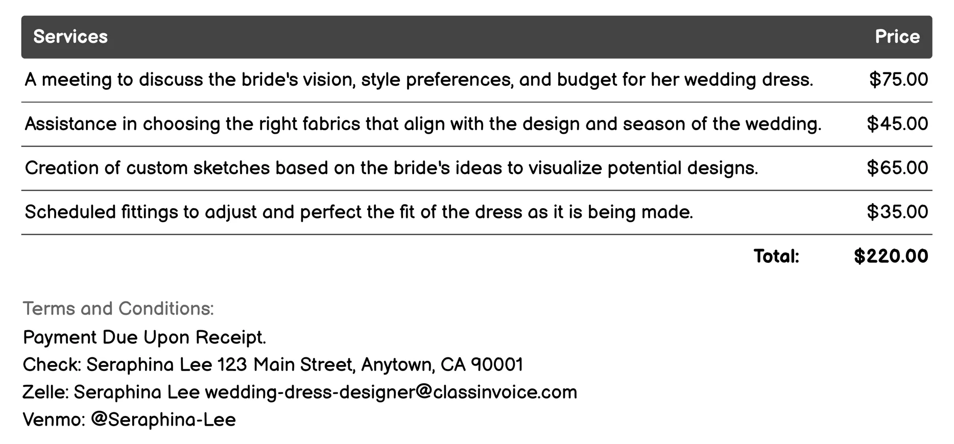 Bridal Collection Consultation Invoice Example