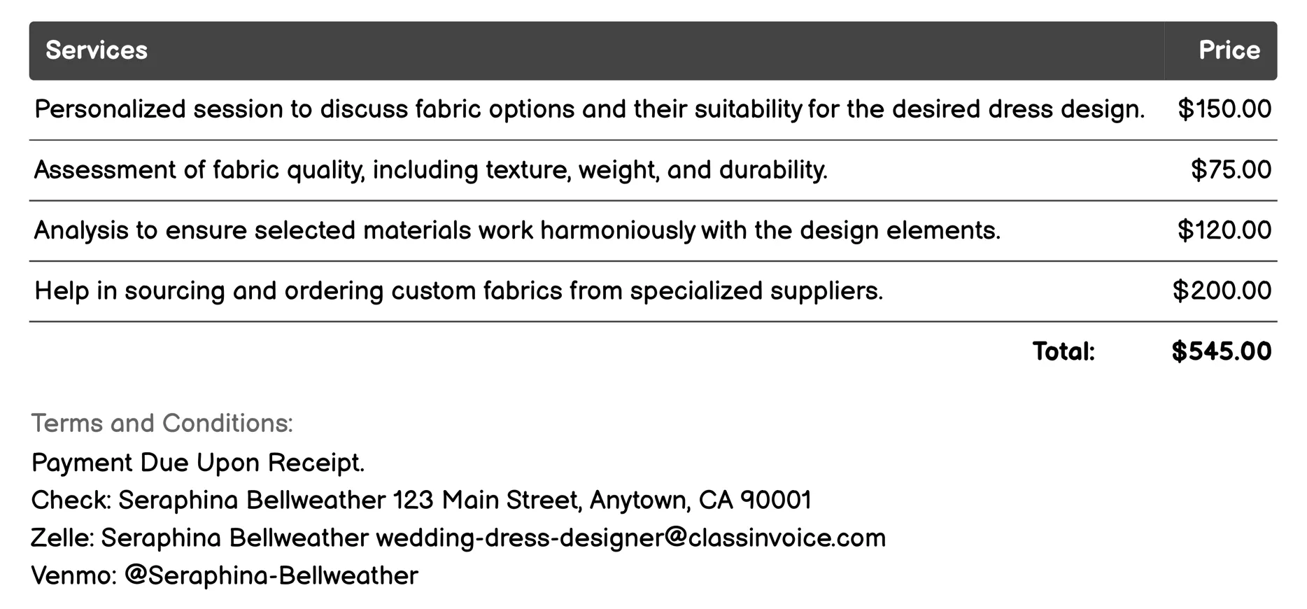 Fabric and Material Consultation Invoice Example