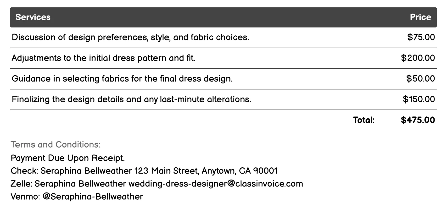 Pre-Wedding Fitting Sessions Invoice Example