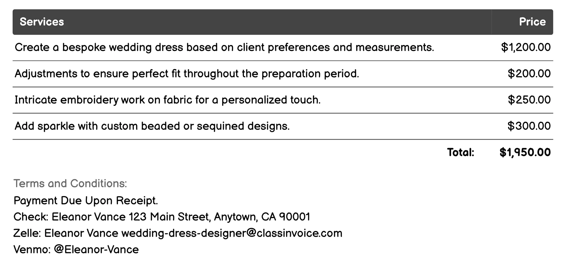 Sewing and Embellishment Services Invoice Example