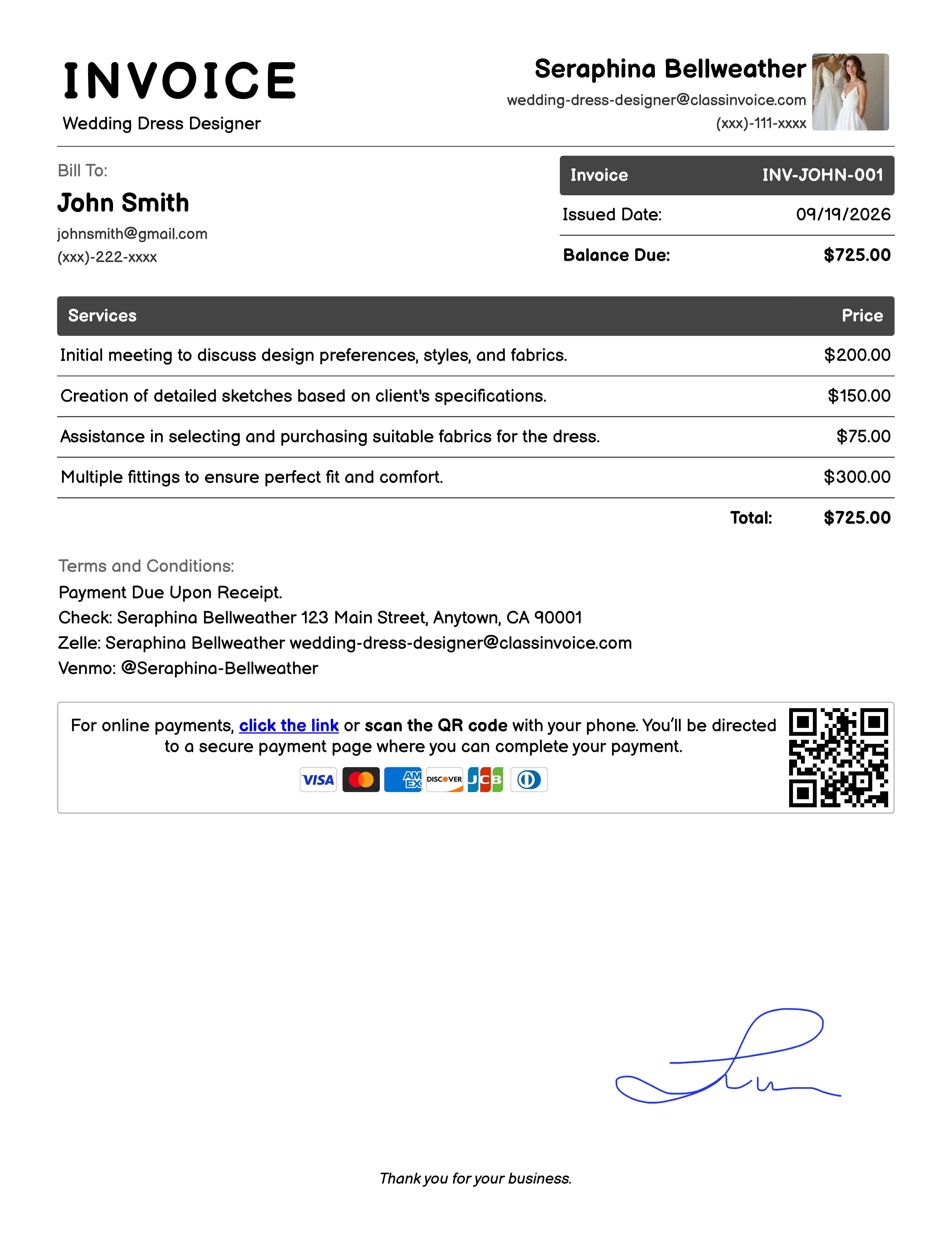 Wedding Dress Designer Invoice Example