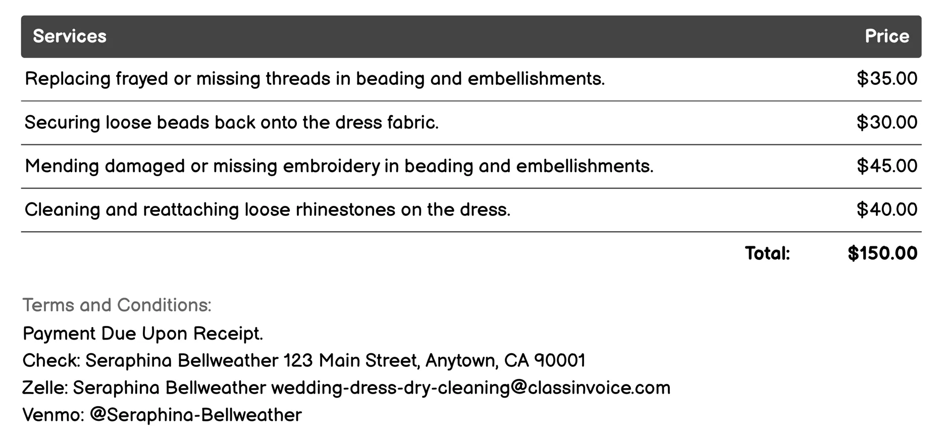 Beading and Embellishment Repair Invoice Example
