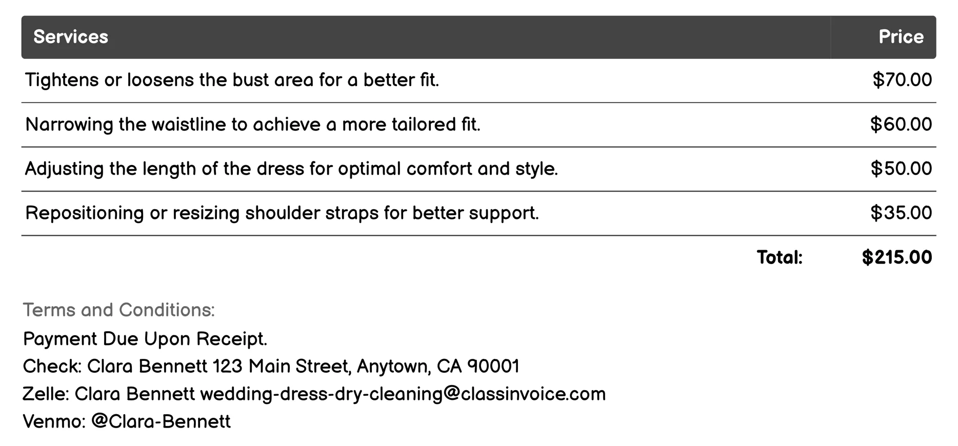 Size Alterations Invoice Example