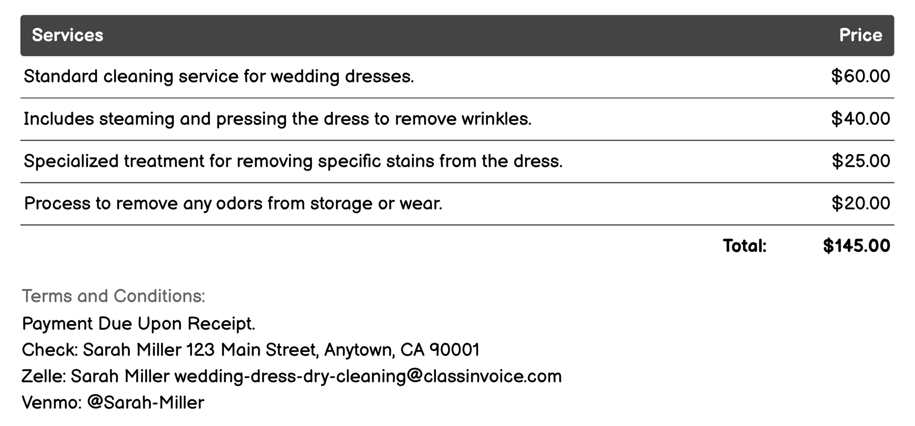 Wedding Dress Cleaning Consultation Invoice Example