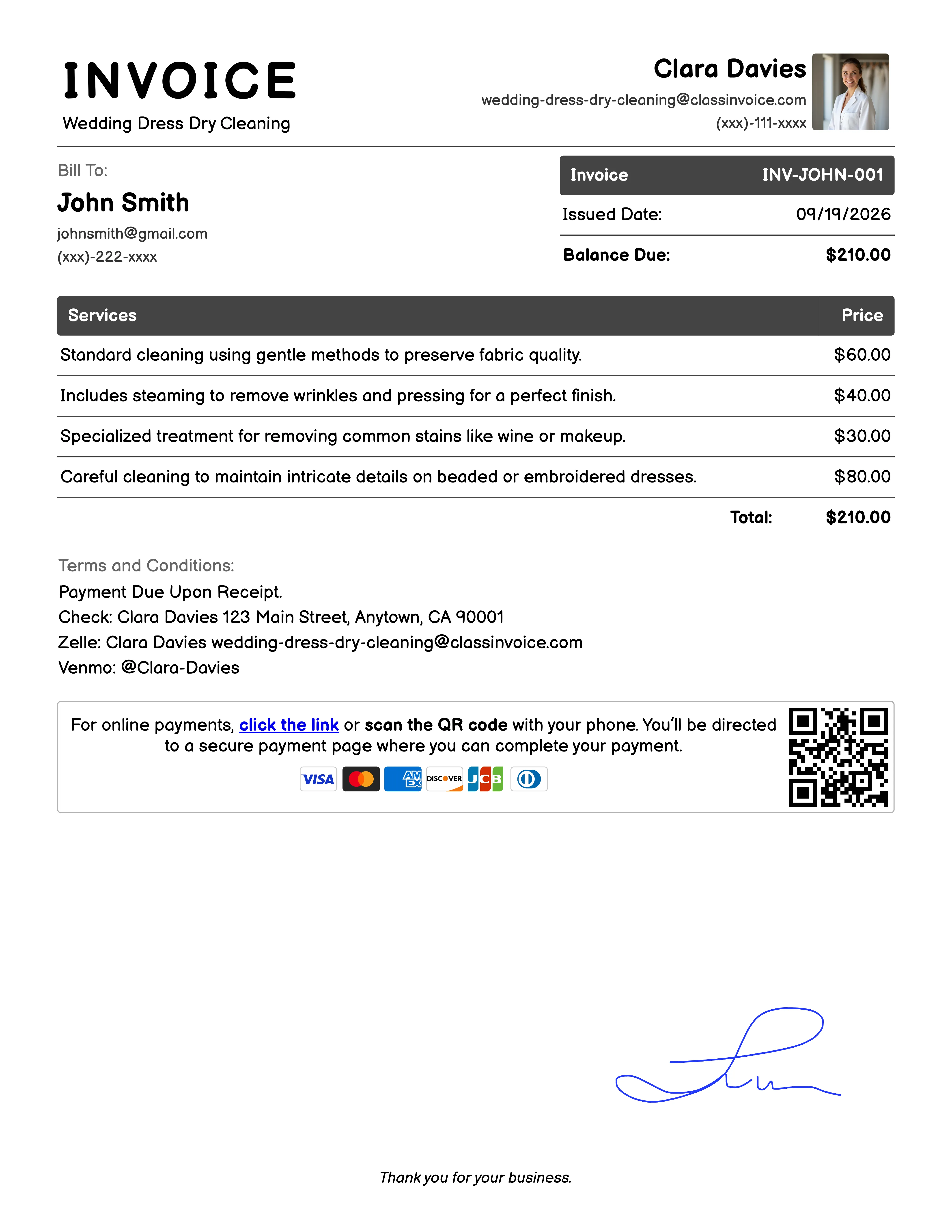 Wedding Dress Dry Cleaning Invoice Example