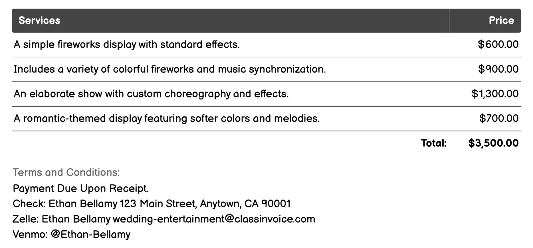 Fireworks Display Invoice Example